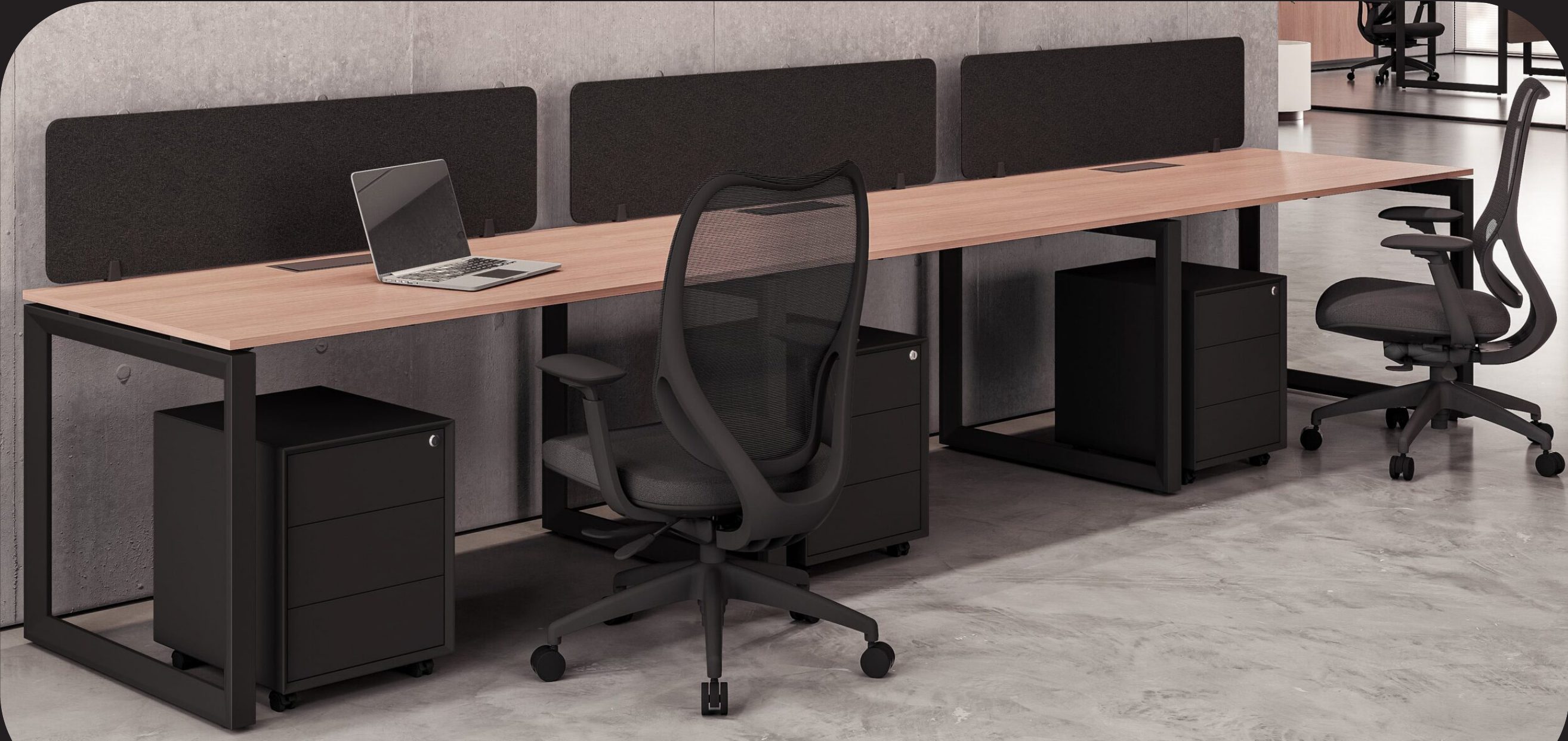 Shared desk bench with ergonomic chairs